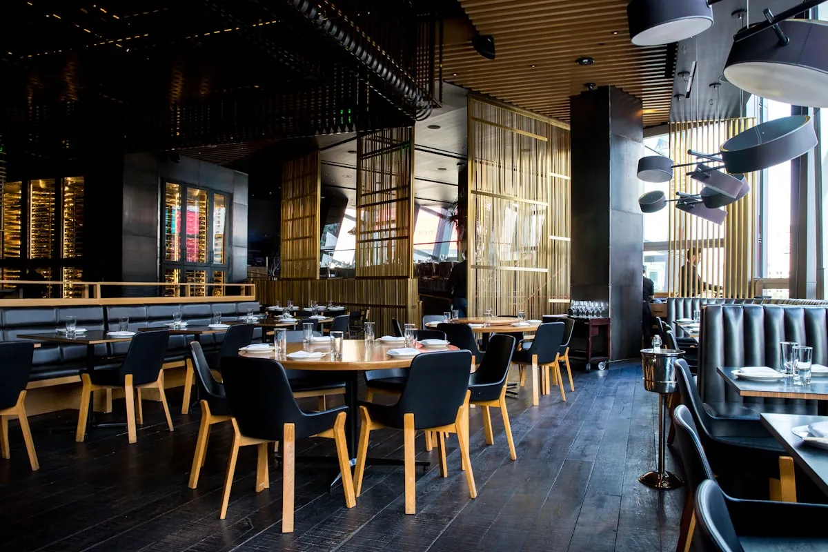 Warm restaurant dining room at night
